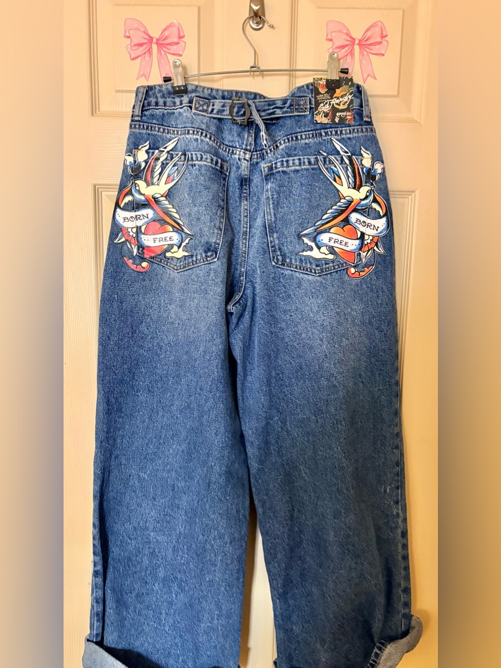 Ed Hardy Y2K Denim Jeans Size 30 Wide Leg Baggy Loose Fit Born Free Back Buckle